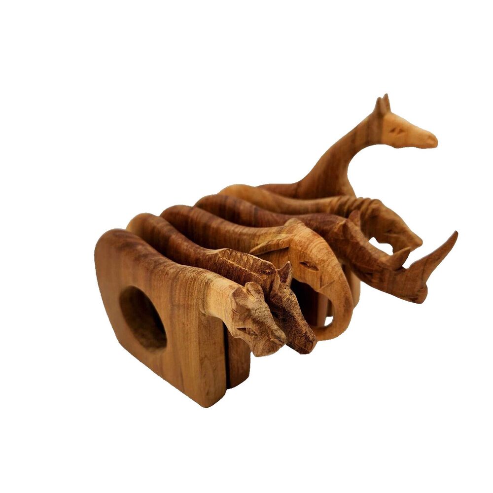 Hand Carved Wooden Safari African Wild Animal Napkin Rings Set of 6 Vintage